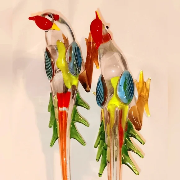 Set Of 2 Handblown Glass Bird Chicken Figure Multi Color Rooster Exotic Bird - Picture 3 of 12